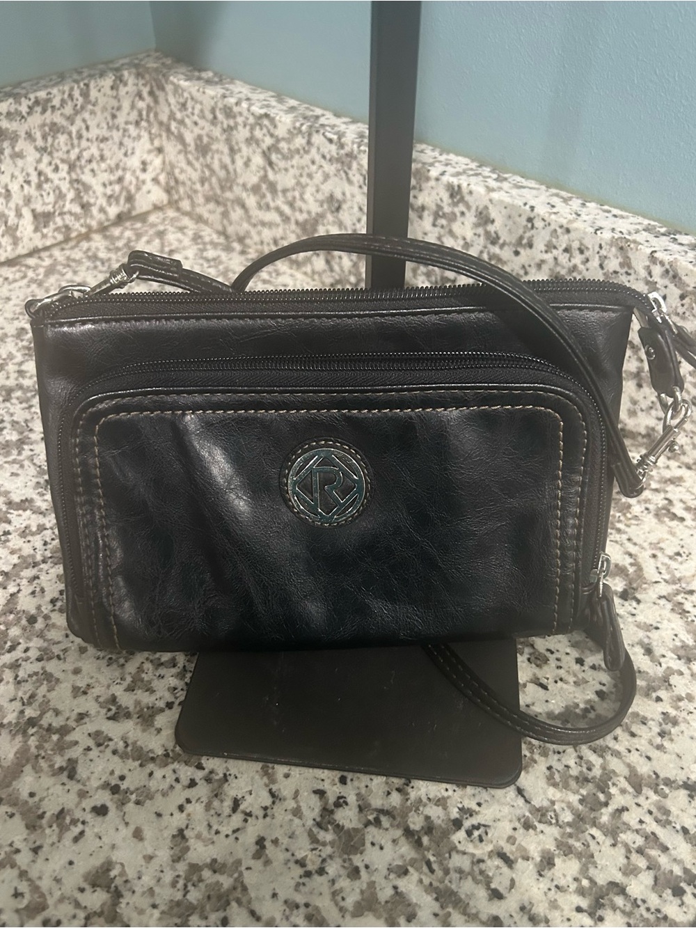 Relic Black Leather Crossbody Organizer with Front Zip Pocket